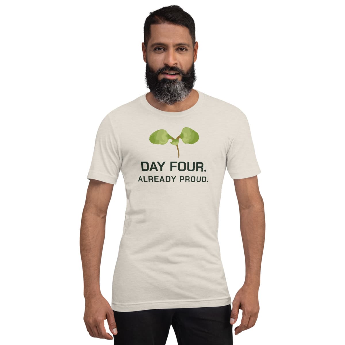 Day Four tee, Sand, worn by a model. A mockup from the printer.