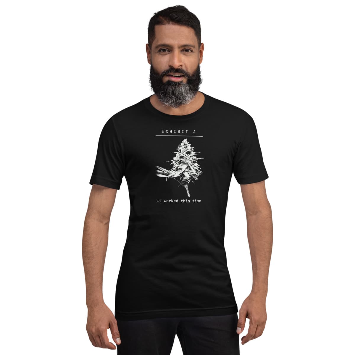 Exhibit A tee, Black, worn by a model. A mockup from the printer.