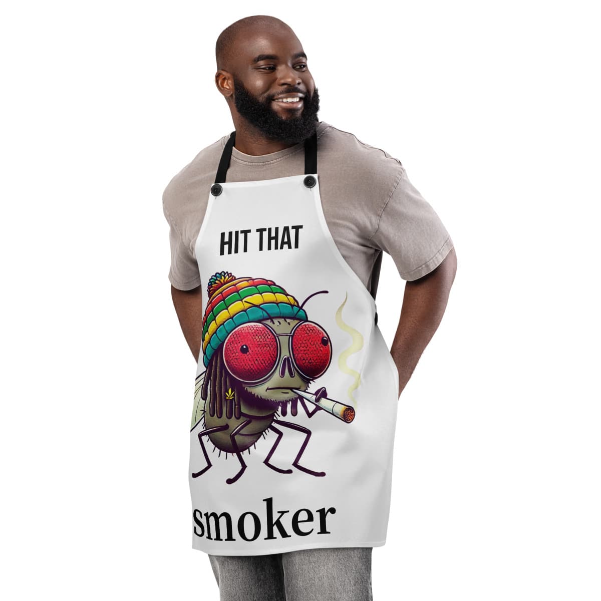 Hit That Smoker apron, White, worn by a model. A mockup from the printer.