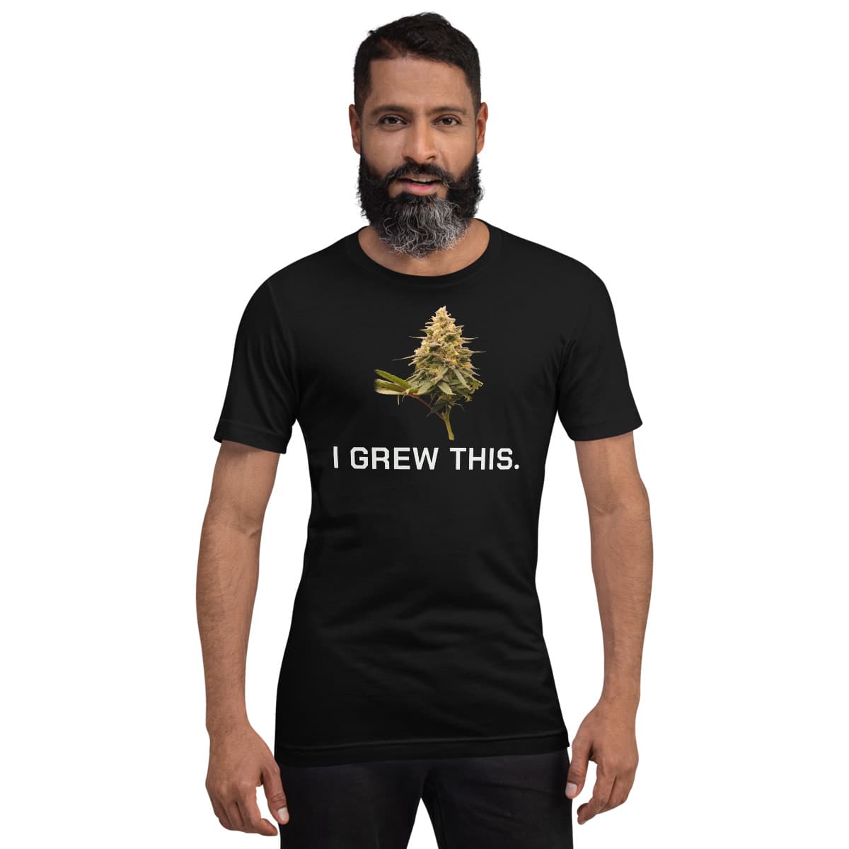 I Grew This tee, Black, worn by a model. A mockup from the printer.