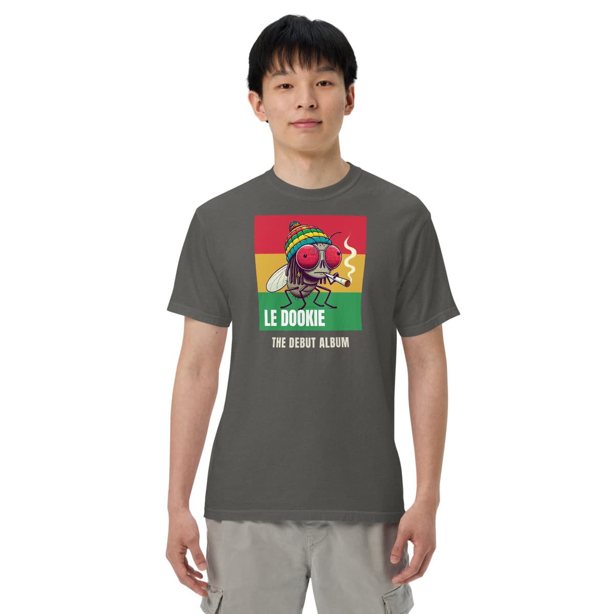 Debut Album band tee, Pepper, worn by a model. A mockup from the printer.