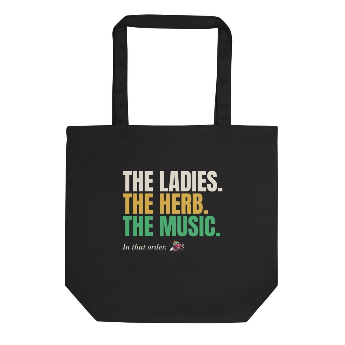 In That Order tote, Black, laid flat. A mockup from the printer.