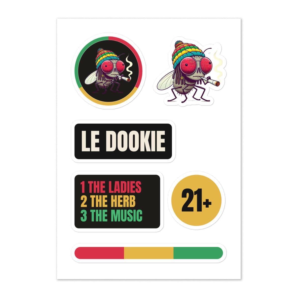 Le Dookie sticker sheet, White, laid flat. A mockup from the printer.
