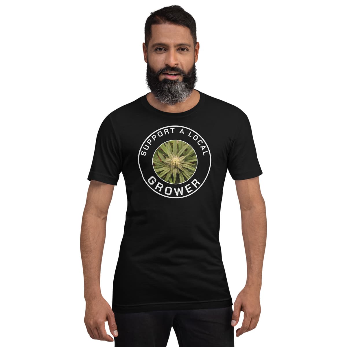 Local Grower, With Proof tee, Black, worn by a model. A mockup from the printer.