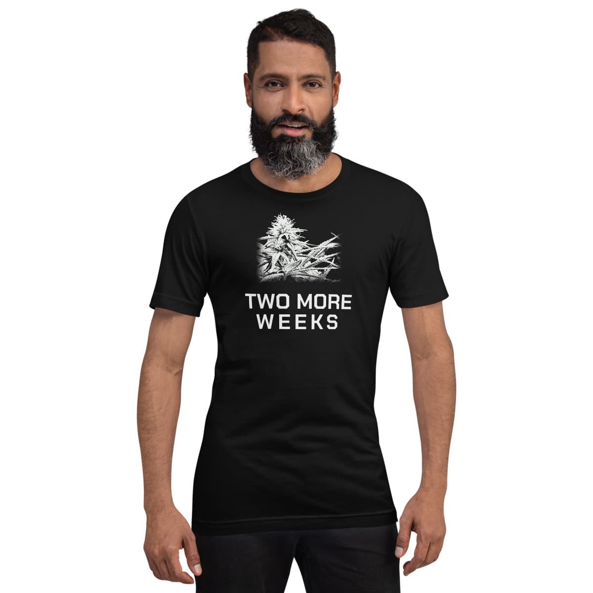 Two More Weeks tee, Black, worn by a model. A mockup from the printer.